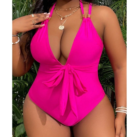 Plus Hot Pink Plunging neck Double Strap Monokini One Piece Swimsuit - Picture 2 of 3